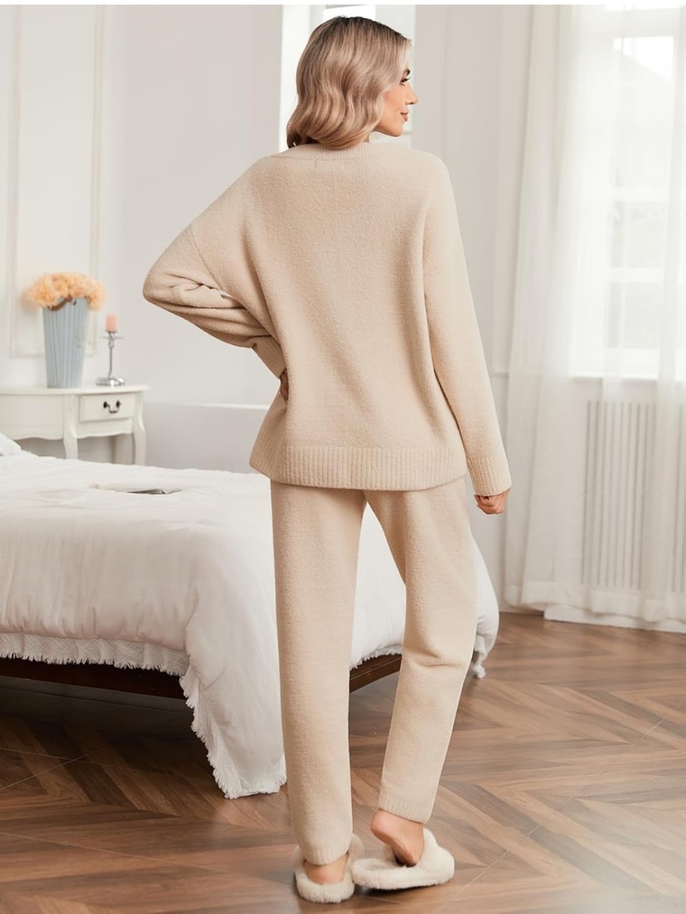 NWT Snuggle Sac 2 Piece Women’s Lounge Set Pajamas Beige - Picture 6 of 13
